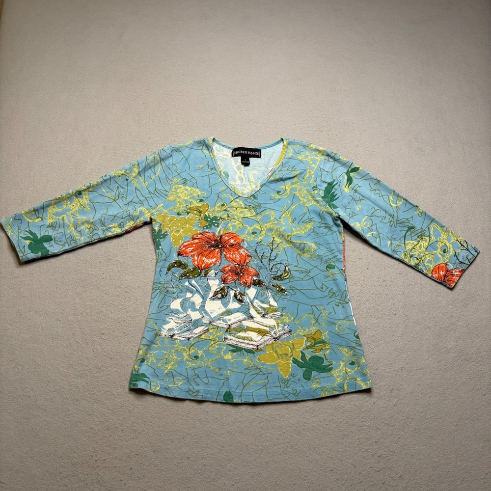 Mirror Image Top Women Large Blue Vintage Y2K Fairycore Sequin Floral Graphic